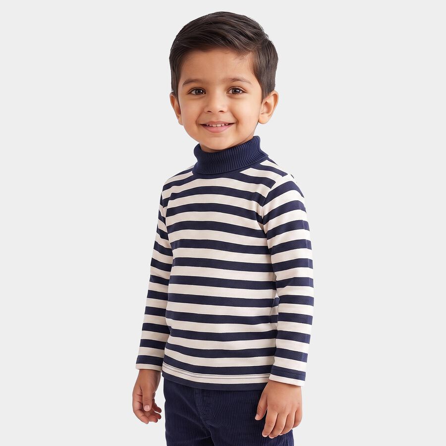 Boys' Navy Blue High Neck Striped Pullover, Navy Blue, large