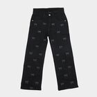 Girls' Black Straight Fit Bow Printed Jeans, काला, small
