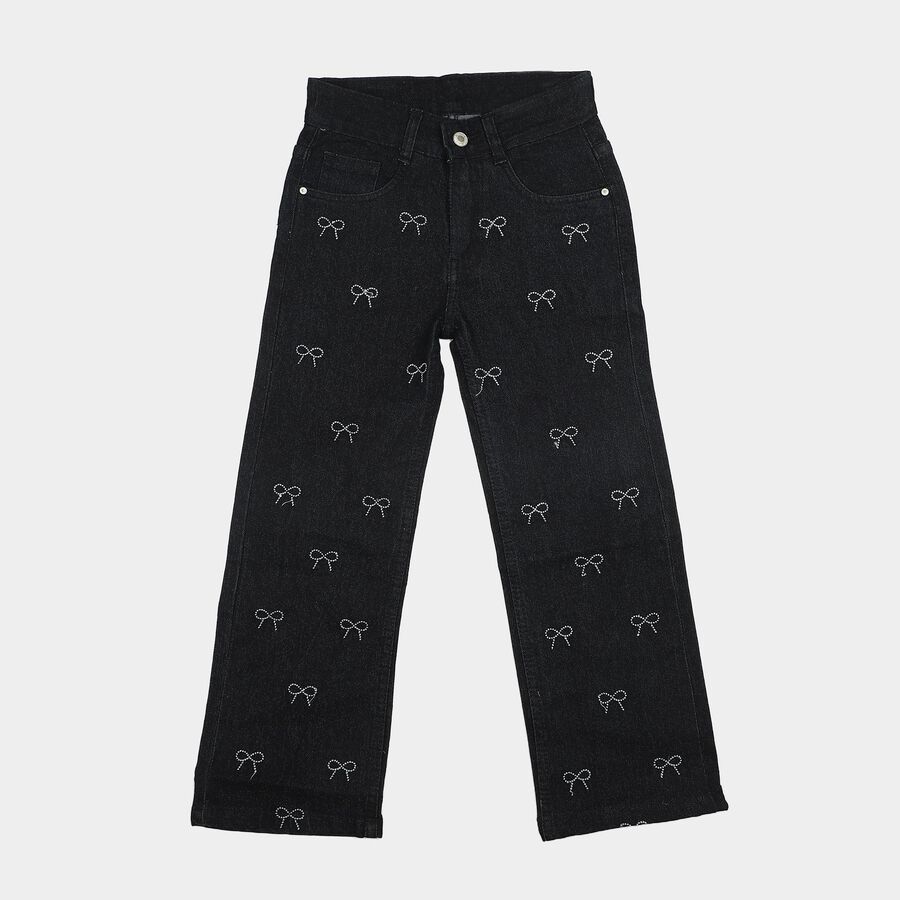 Girls' Black Straight Fit Bow Printed Jeans, काला, large