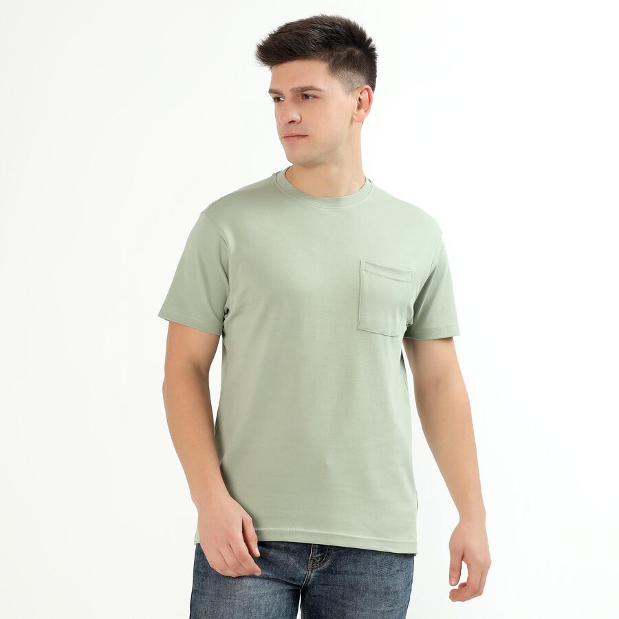 Men's Light Sage Green Cotton Round Neck Casual T-Shirt, Light Green, large