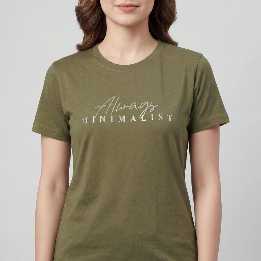 Women's Olive Cotton Round Neck Graphic T-Shirt, ओलिव, large