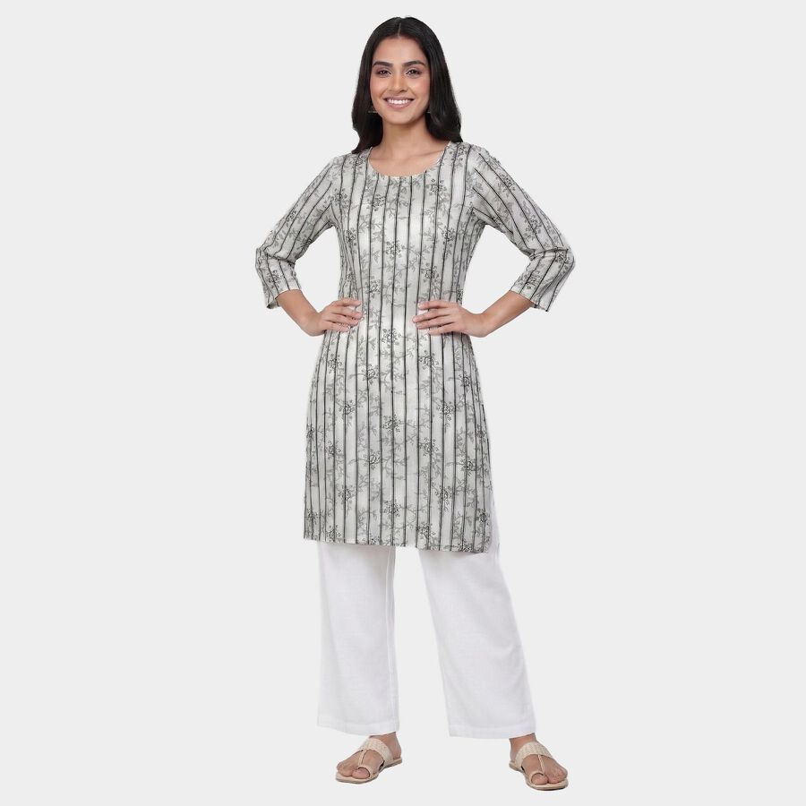 Women's Grey Notch Neck Textured Straight Kurta, Light Grey, large