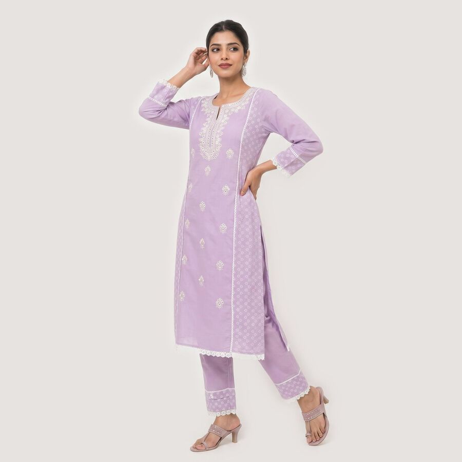 Women's Lavender Cotton Embroidered Ethnic Set, Lilac, large
