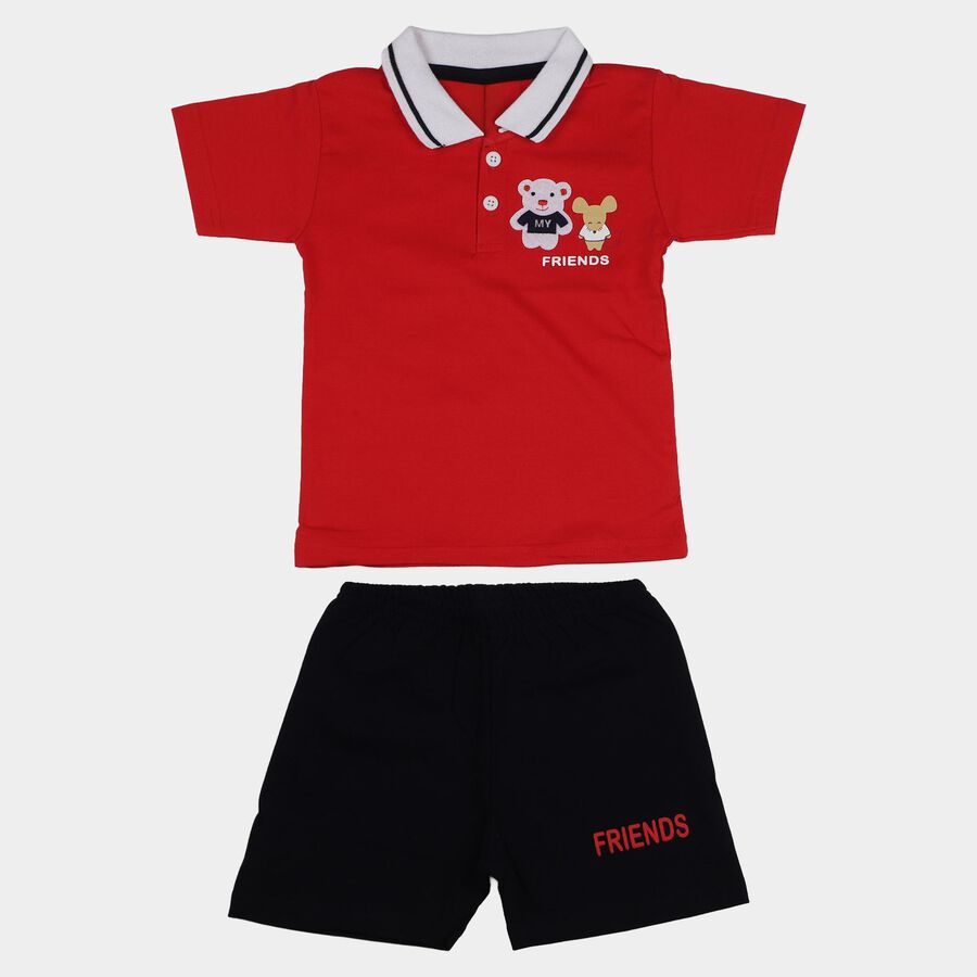 Infants' Red Cotton Polo Neck Cartoon Print Baba Suit, लाल, large
