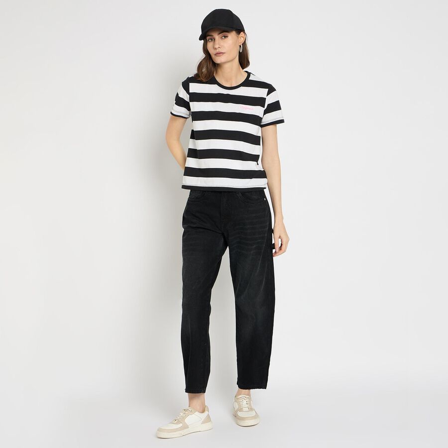Ladies'  Stripes Round Neck T-Shirt, काला, large image number null
