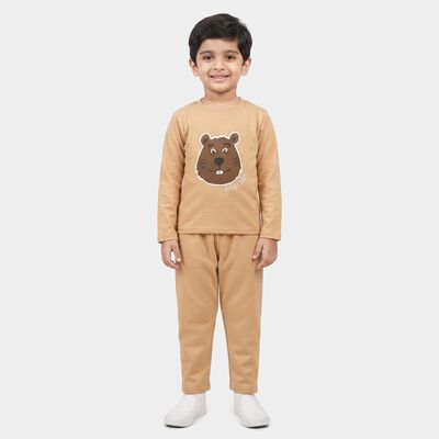 Boys Beige Round Neck Graphic Print Baba Suit