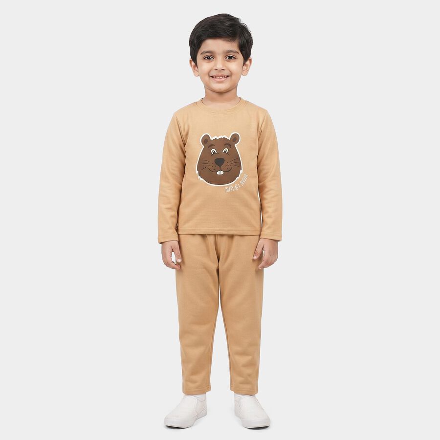 Boys Beige Round Neck Graphic Print Baba Suit, गहरा पीला, large