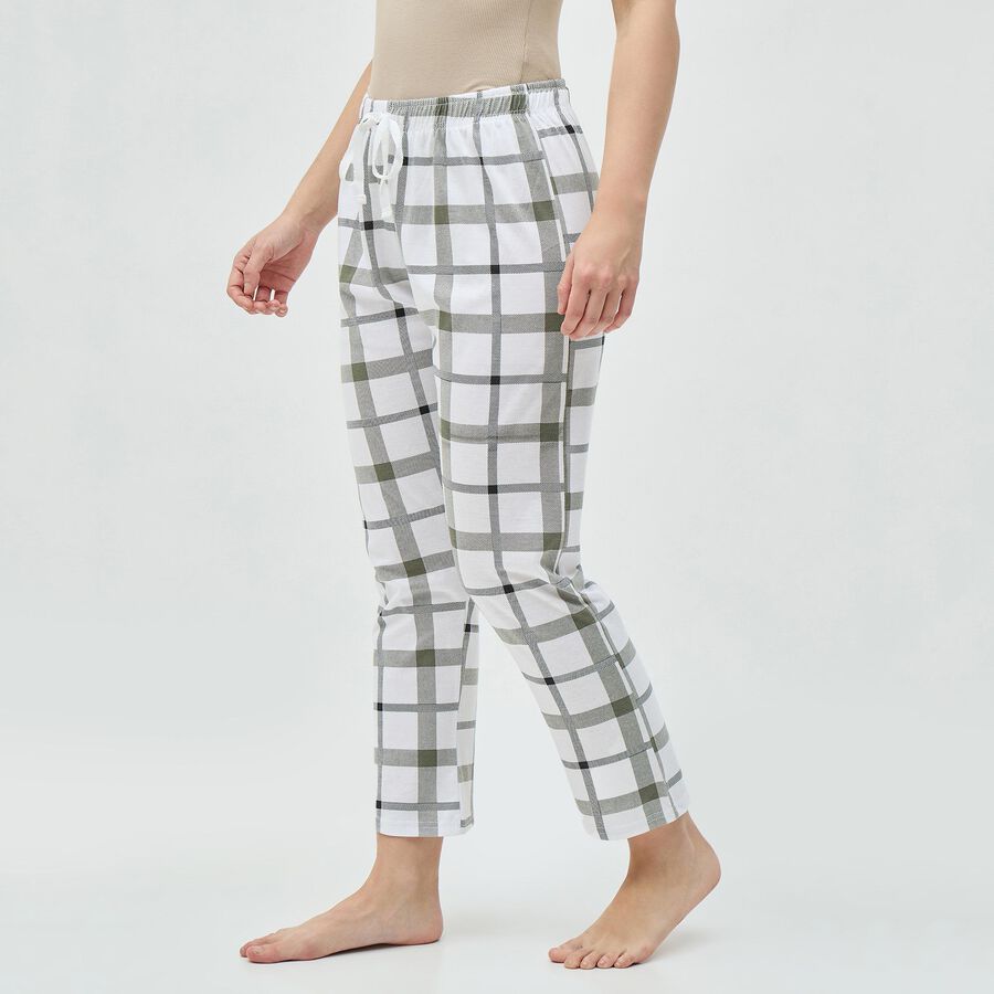 Women's White and Olive Checkered Elastic Waist Pyjama, सफ़ेद, large