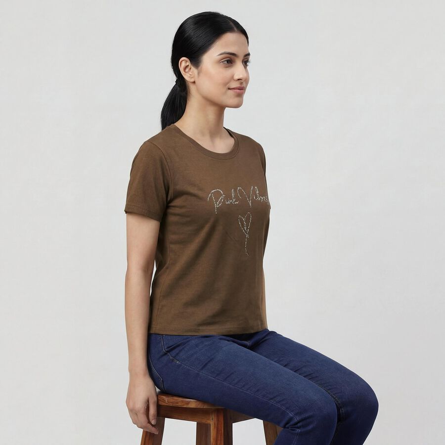 Women's Olive Round Neck Minimalist T-Shirt, ओलिव, large