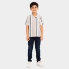 Boys' Beige Striped Camp Collar Shirt, Beige, small