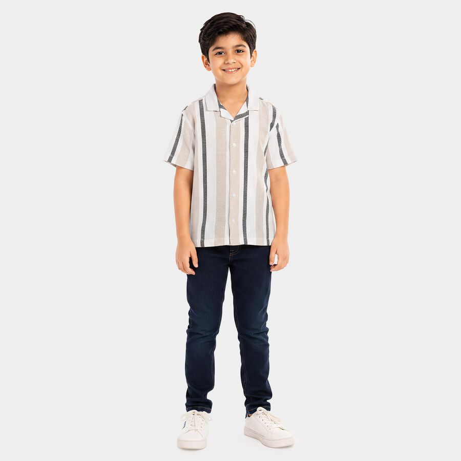 Boys' Beige Striped Camp Collar Shirt, Beige, large