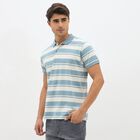 Men's Light Steel Blue Polo Neck Striped T-Shirt, मध्यम नीला, small image number null