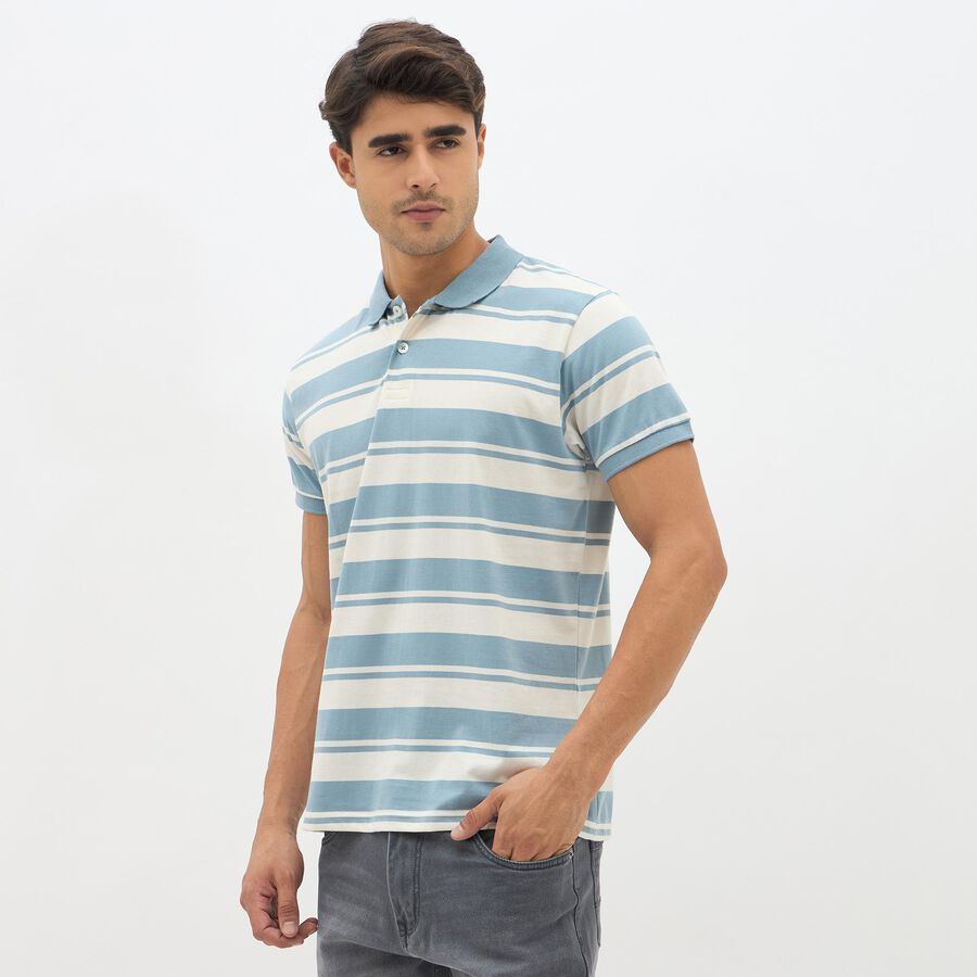 Men's Light Steel Blue Polo Neck Striped T-Shirt, मध्यम नीला, large image number null