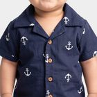 Infants' Navy Blue Cotton Collar Neck Anchor Printed Baba Suit, Navy Blue, small
