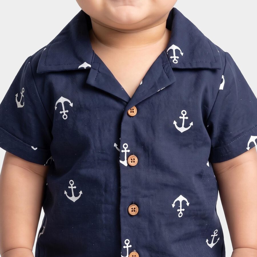 Infants' Navy Blue Cotton Collar Neck Anchor Printed Baba Suit, Navy Blue, large
