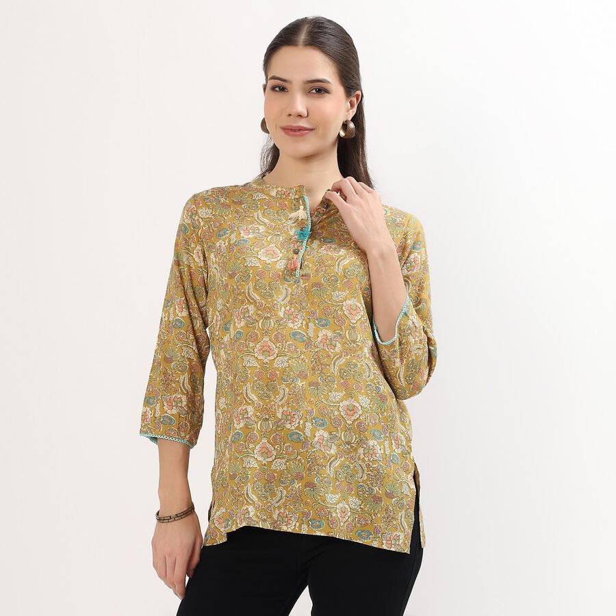 Women's Muted Mustard Yellow Mandarin Collar Floral Printed Kurti, पीला, large image number null