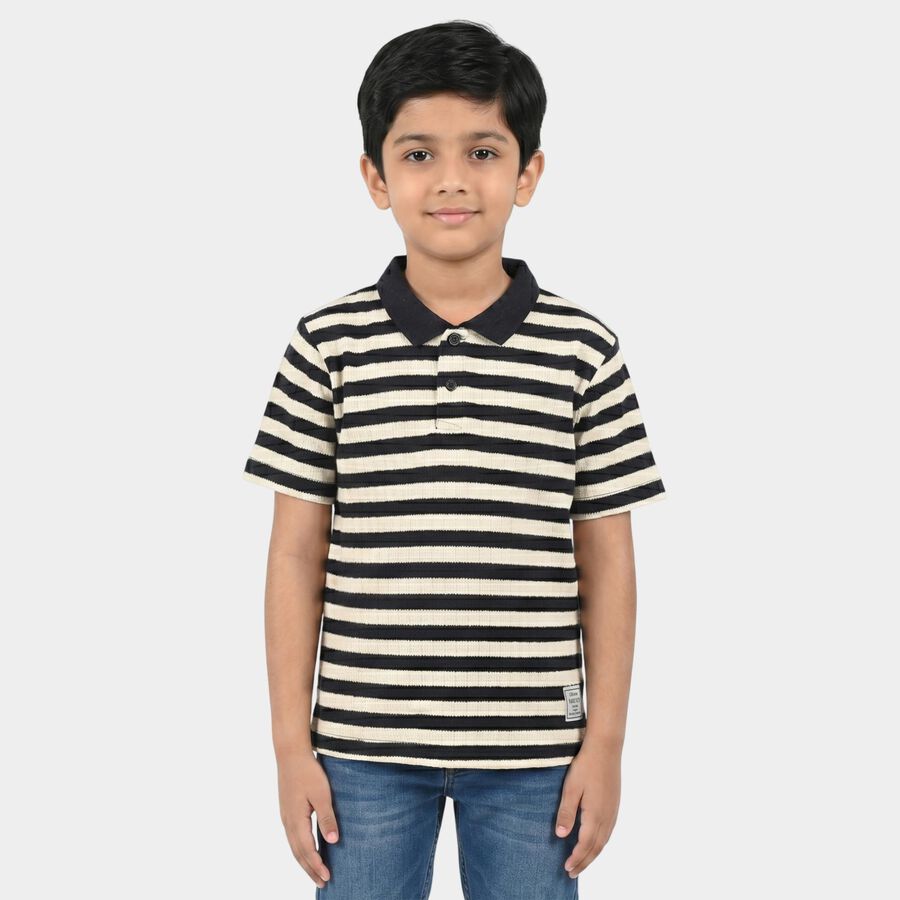 Boys' Navy Blue Polo Neck Striped Polo T-Shirt, Navy Blue, large