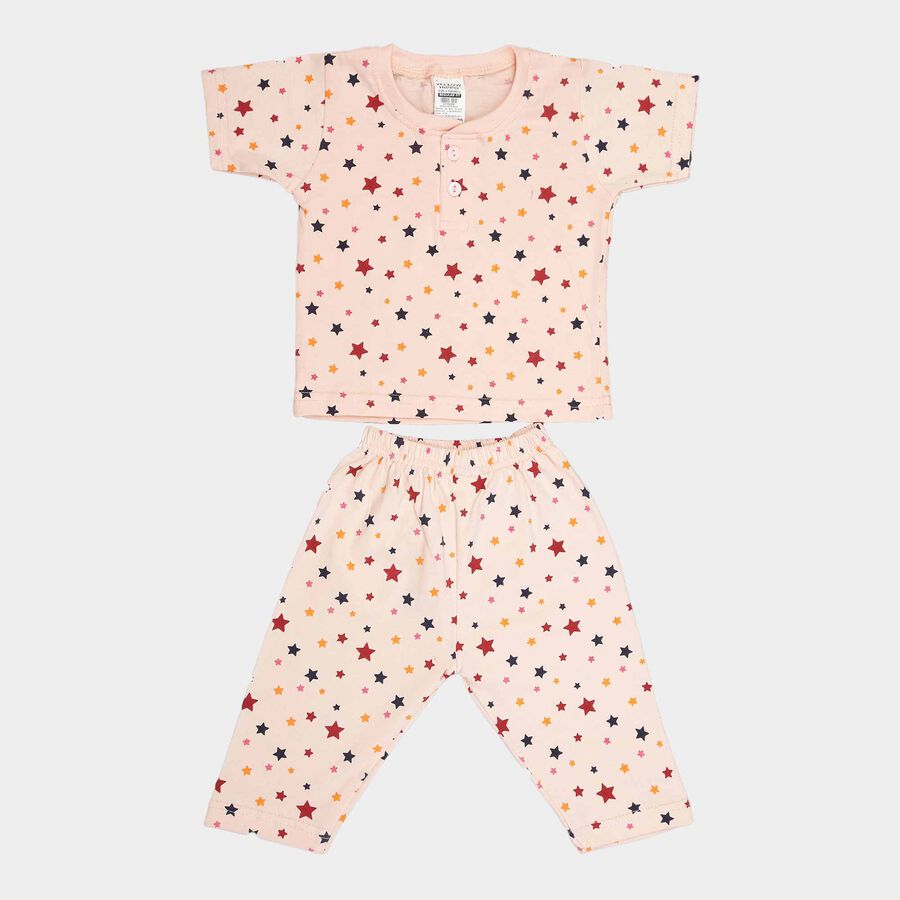 Infants Cotton Printed Night Suit, Peach, large image number null