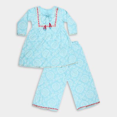 Girls Light Sky Blue Printed Square Neck Bohemian Fusion Set