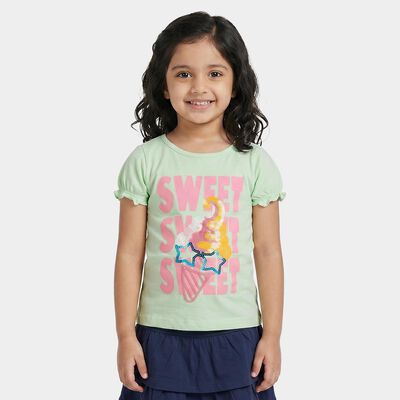 Girls Mint Green Cotton Round Neck Regular T-Shirt