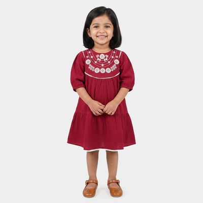 Girls' Maroon Tiered Embroidered Yoke Frock