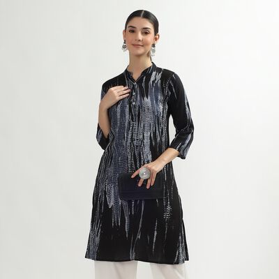 Women's Black Mandarin Collar Abstract Printed Kurta