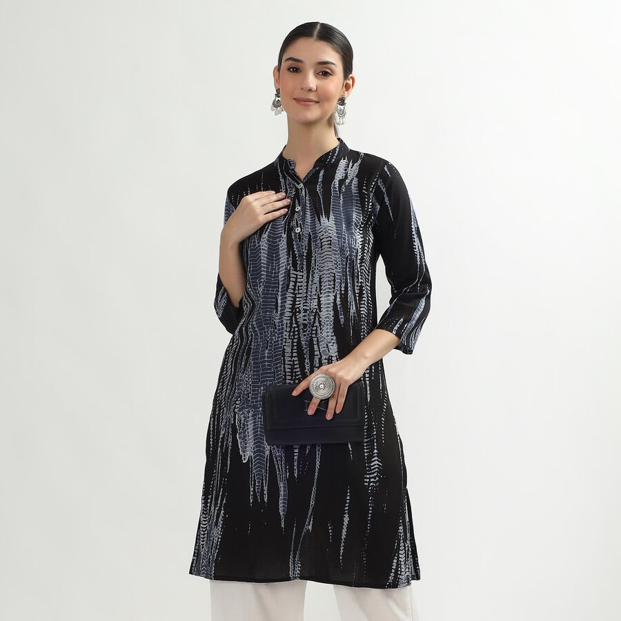 Women's Black Mandarin Collar Abstract Printed Kurta, Dark Blue, large image number null