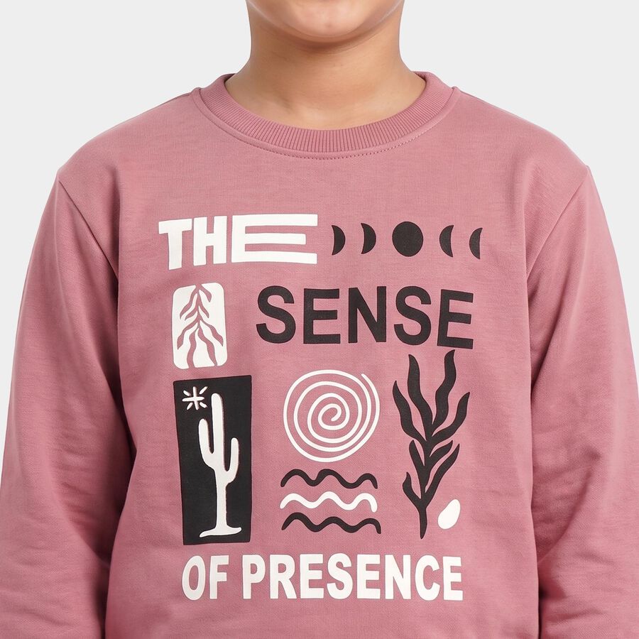 Boys' Pink Crew Neck Graphic Print Sweatshirt, गुलाबी, large
