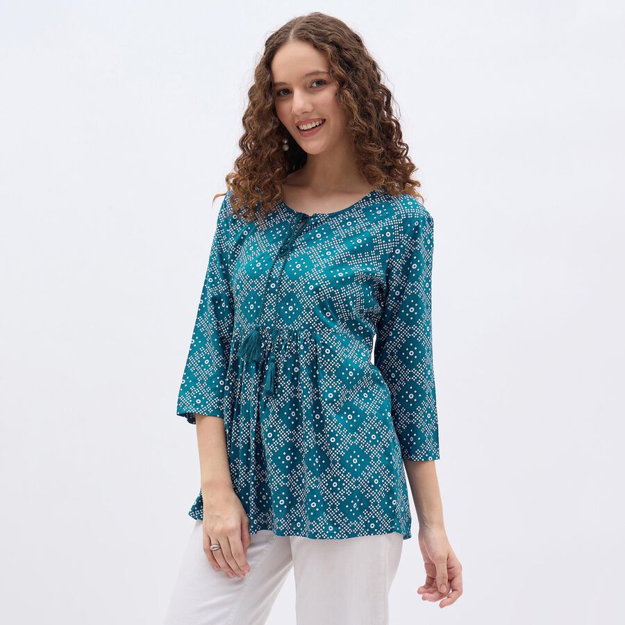 Ladies' Bright Peacock Blue Round Neck Printed Kurti, Teal Blue, large image number null