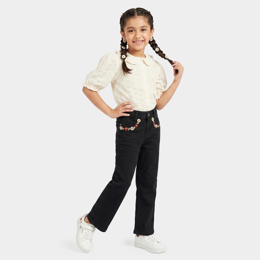 Girls Black Straight Fit Embroidered Jeans, काला, large