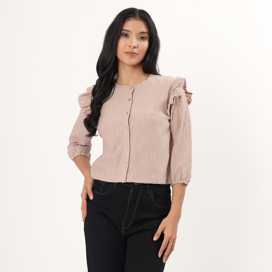 Women's Beige Mock Neck Textured Top, गहरा पीला, large