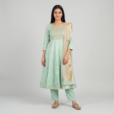 Women's Aqua Embroidered Ethnic Set