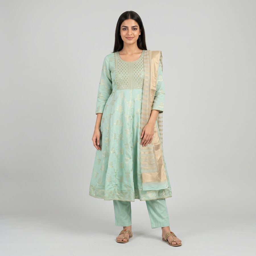 Women's Aqua Embroidered Ethnic Set, एक्वा, large