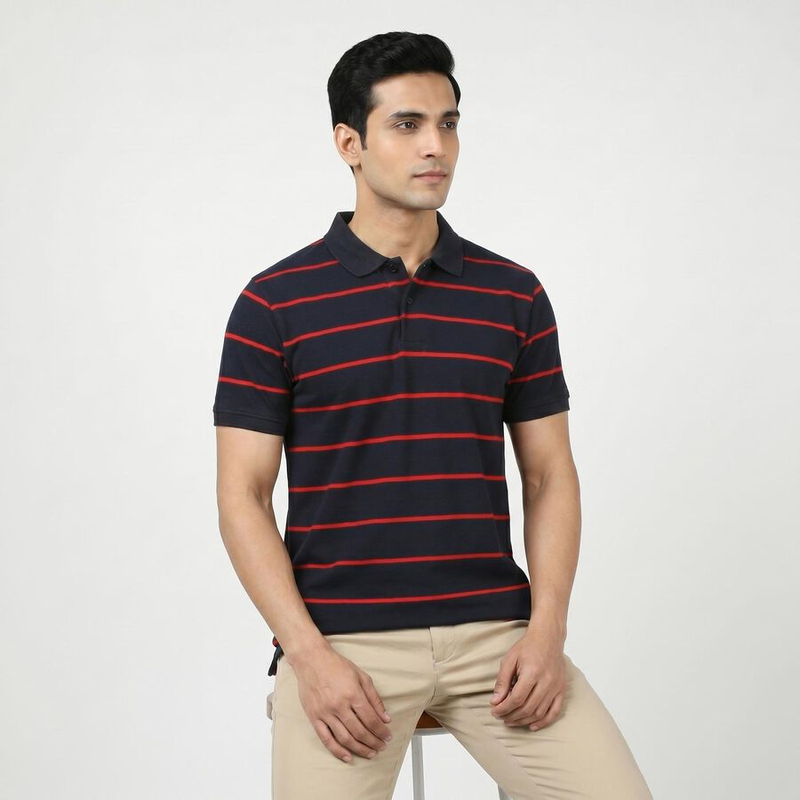 Men's Navy Blue Polo Neck Striped T-Shirt, नेवी ब्लू, large