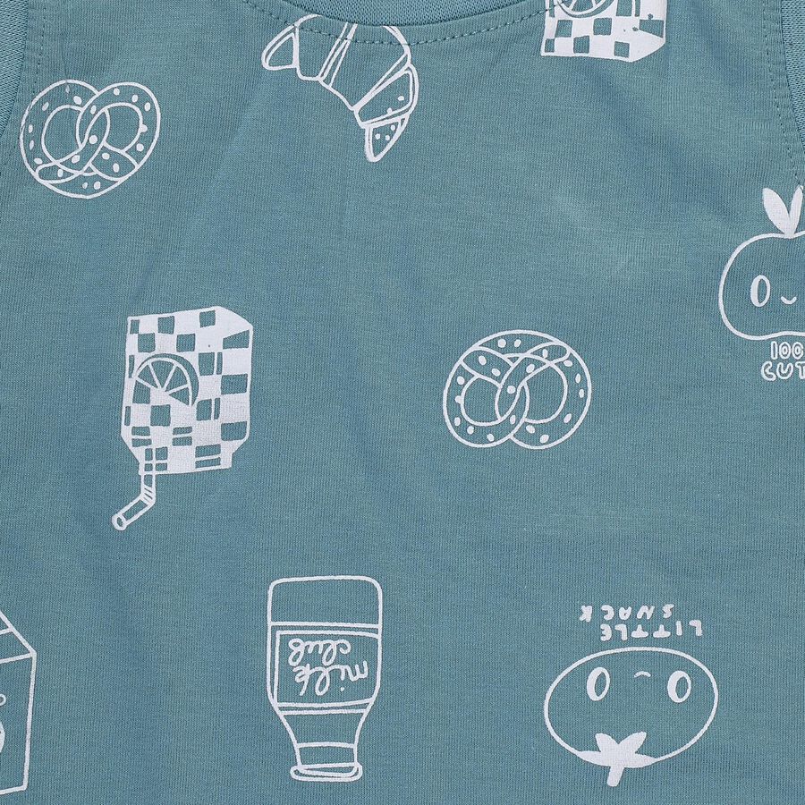 Infants' Teal Cotton Round Neck Graphic Printed Baba Suit, Teal Blue, large