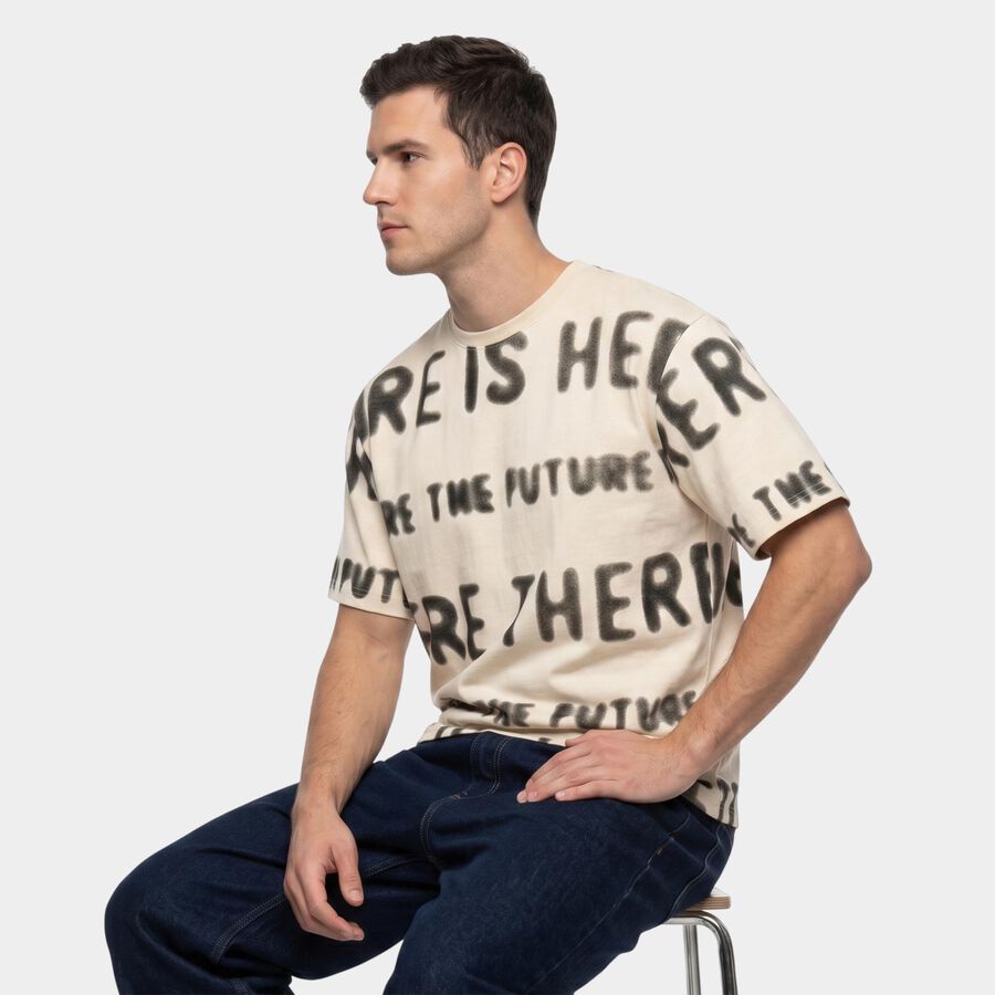 Men's Cream Round Neck Graphic Print Regular T-Shirt, Off White, large