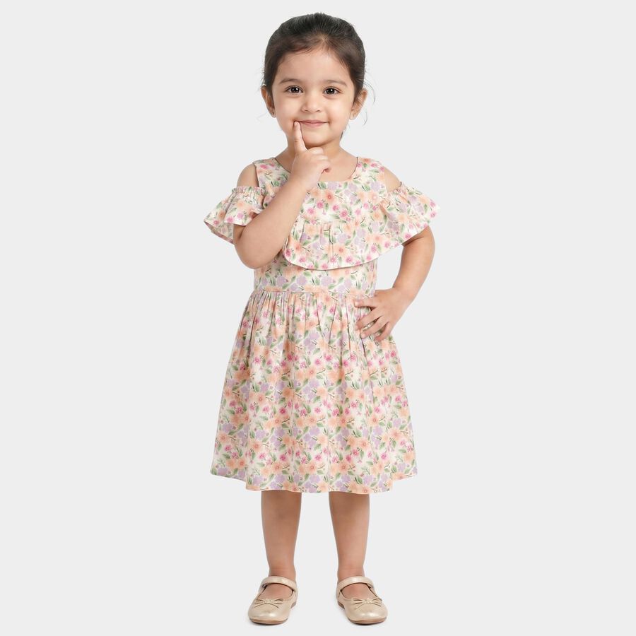 Girls' Cream Floral Printed Fit and Flare Cold Shoulder Frock, ऑफ व्हाइट, large