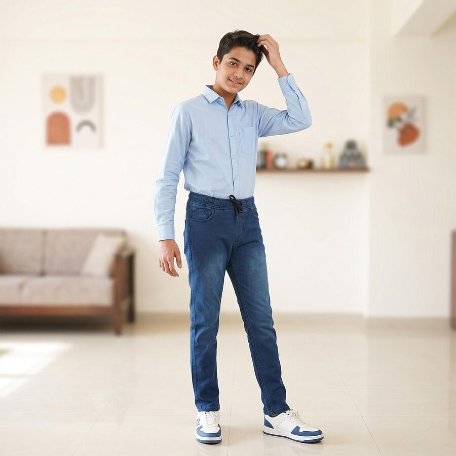 Boys Blue Slim Fit Drawstring Waist Jeans, गहरा नीला, large