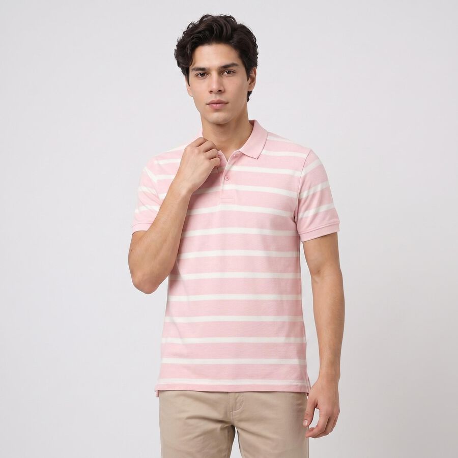 Men's Pink Polo Neck Striped Polo T-Shirt, Pink, large