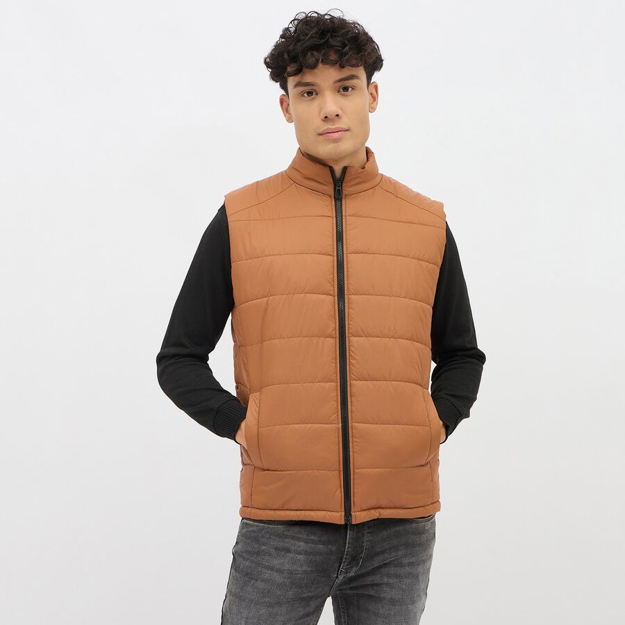 Men's Brown High Neck Sleeveless Puffer Jacket, Brown, large image number null