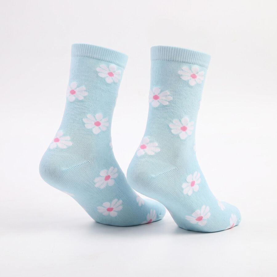 Women's Light Blue Regular Fit Floral Crew Socks, Mid Blue, large