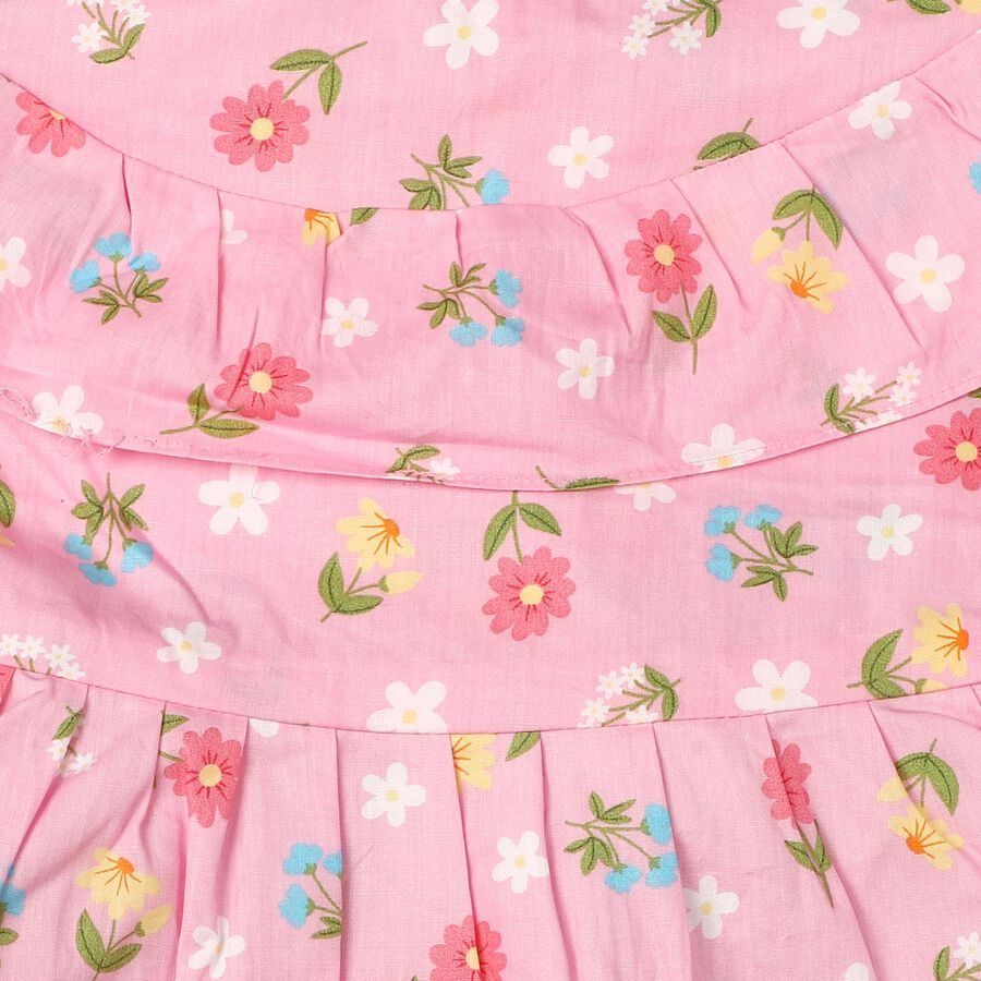 Girls Pink Fit and Flare Floral Printed Cold Shoulder Frock, गुलाबी, large