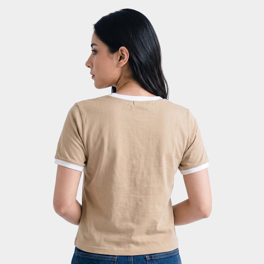 Women Beige Round Neck Regular T-Shirt, Beige, large
