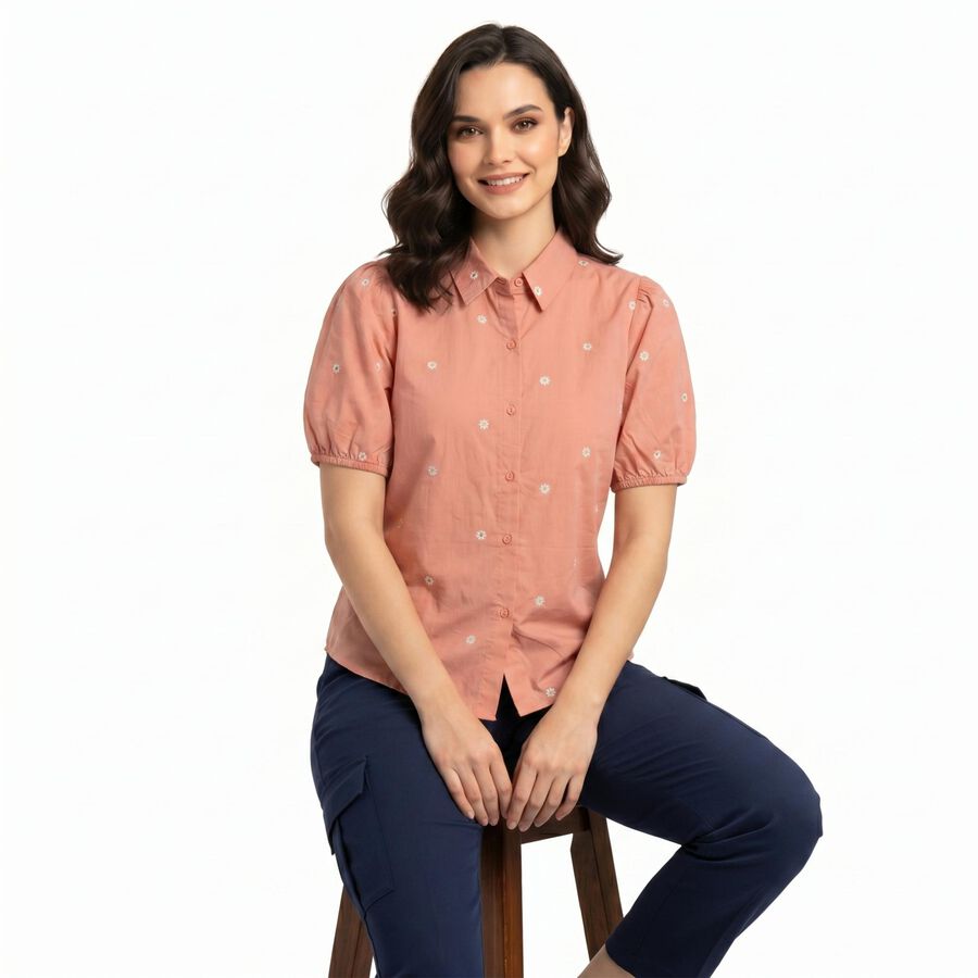 Women's Pink Cotton Floral Spread Collar Regular Fit Shirt, Pink, large
