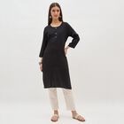 Women's Jet Black Round Neck Embroidered Kurta, Black, small image number null