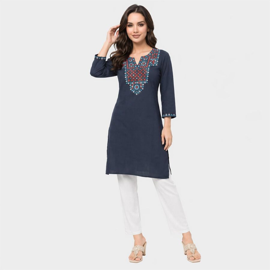 Women's Navy Blue Notch Neck Embroidered Kurta, गहरा नीला, large