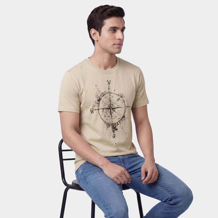 Men's Beige Round Neck Casual T-Shirt, Beige, large