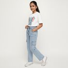 Girls' Light Blue Relaxed Fit Cargo Jeans with Rhinestone Embellishments, Light Blue, small image number null