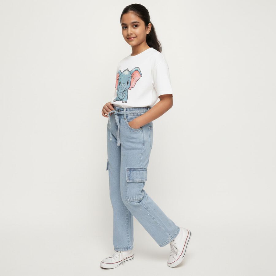 Girls' Light Blue Relaxed Fit Cargo Jeans with Rhinestone Embellishments, Light Blue, large image number null