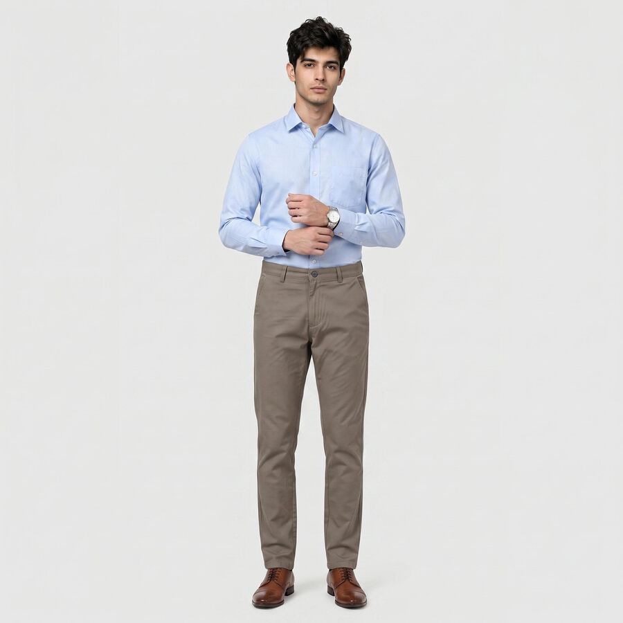 Men's Grey Slim Fit Textured Casual Trousers, हल्का ग्रे, large